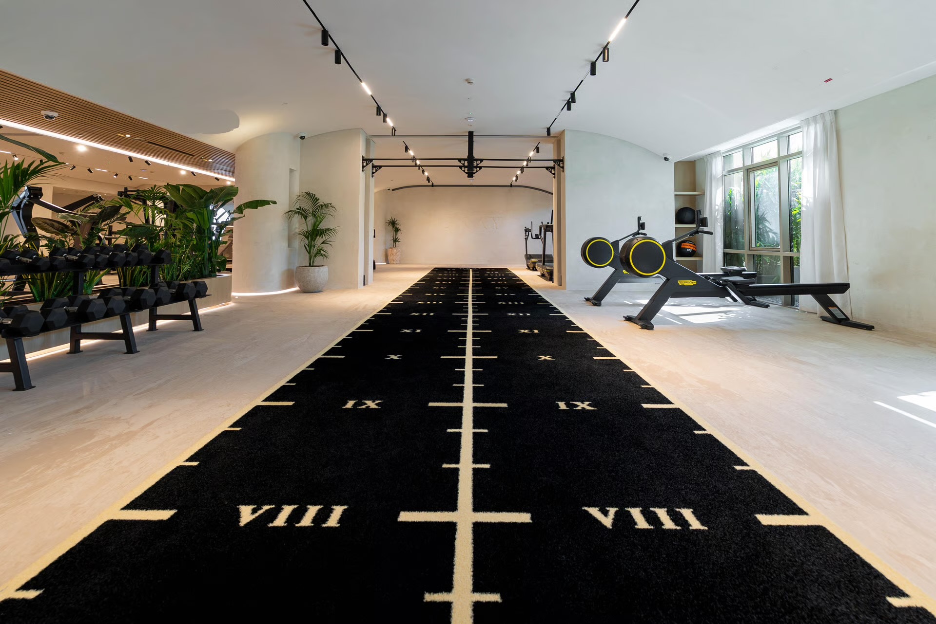 Gray Wellness training floor with a black sprint track, weights and rowing machines